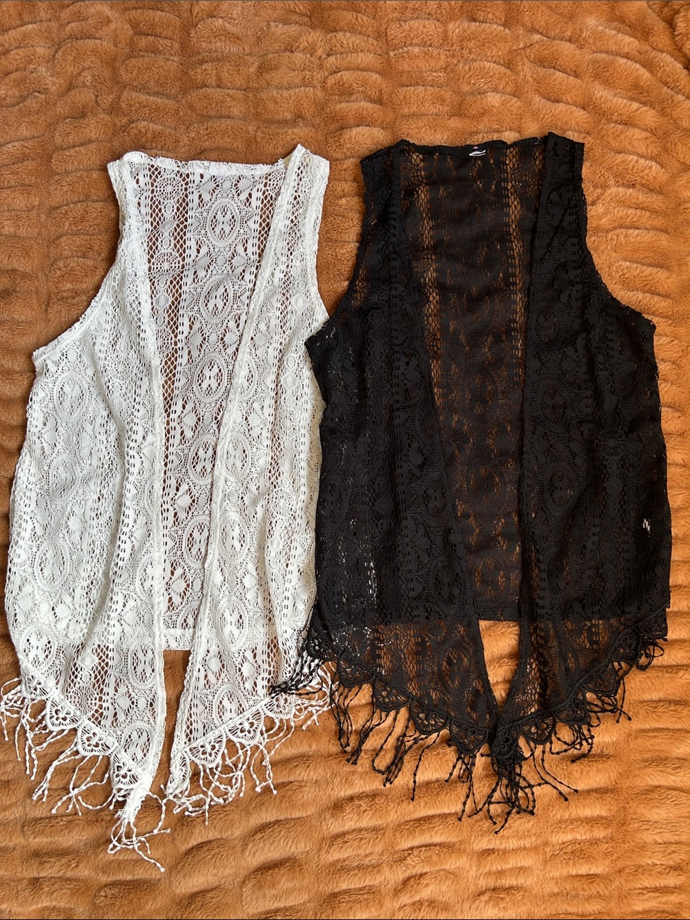 Lace Crochet Fringe Vests - Ivory and Black